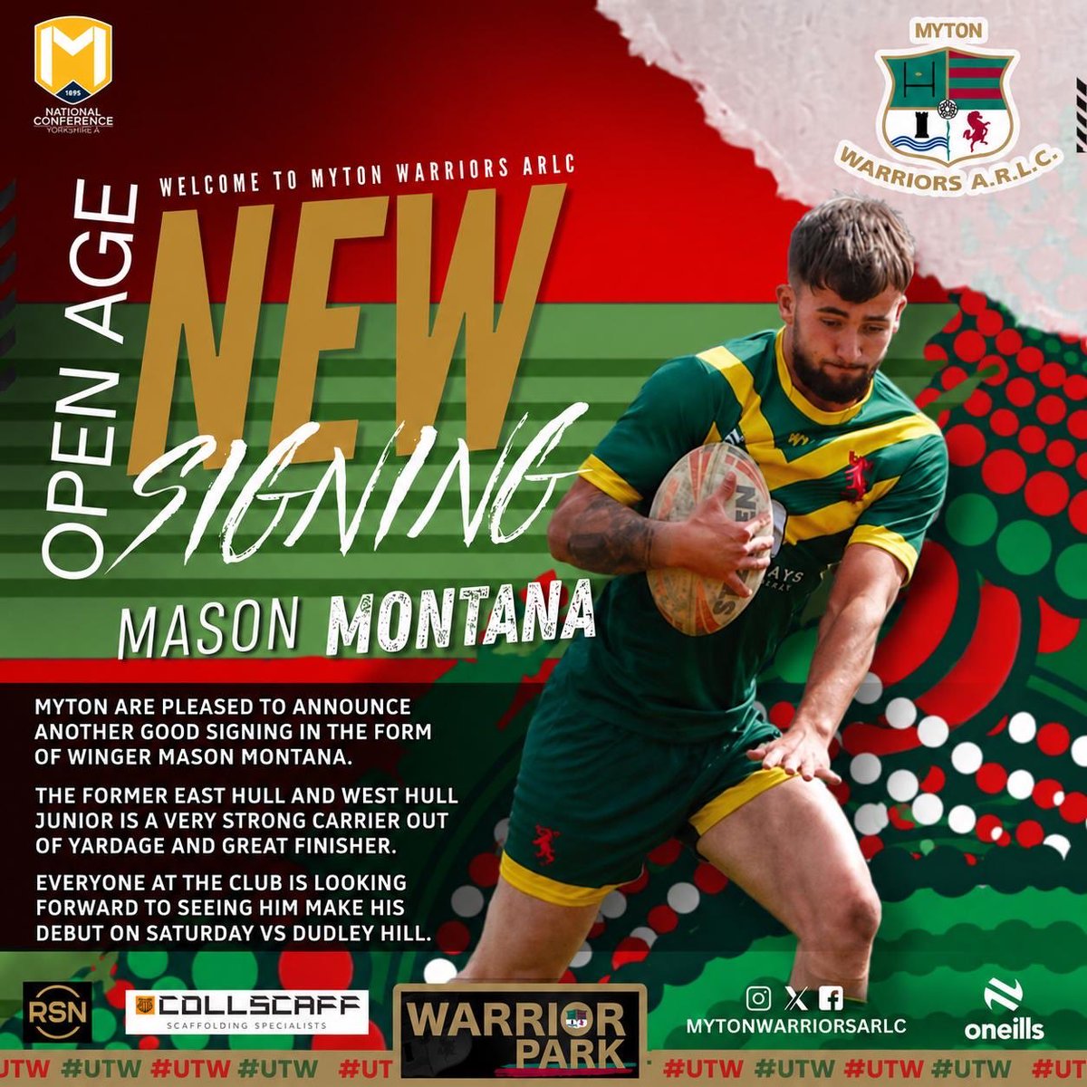MytonWarriors's tweet photo. Today’s Open Age 1st Team Squad News:

Saturday 11th July

2026 @TheRFL National Conference Yorkshire A Division

@BDH_RLFC v @MytonWarriors 2:30pm KO 

Match Sponsor:  Hargreaves 

Bus leaves club 11:45am, supporters welcome £10 🚎🍻🏉🏆❤️💚 
#UpTheWarriors #CommunityRL https://t.co/yDBqNrSiDW