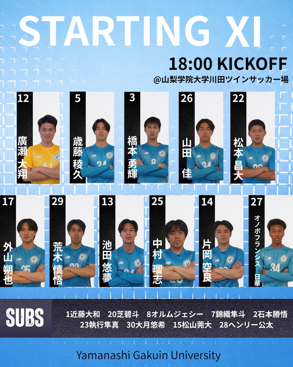 STARTING LINEUP】 関東大学サッカーリーグ戦 3部 第7節 vs.東京農業