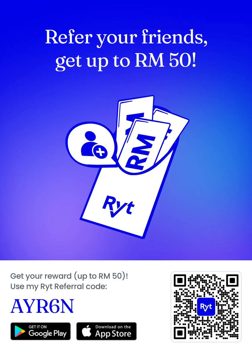 zhar_har's tweet photo. A little cash reward to get you started! 🚀

Join Ryt Bank today and get up to RM 50 when you sign up and try Ryt AI.

✅ Download:
https://t.co/jgVU3k8UCp

✅ Use Code:
AYR6N

Start your journey with Ryt Bank and experience banking done right!

T&amp;Cs apply. https://t.co/NHQ01ADMBV
