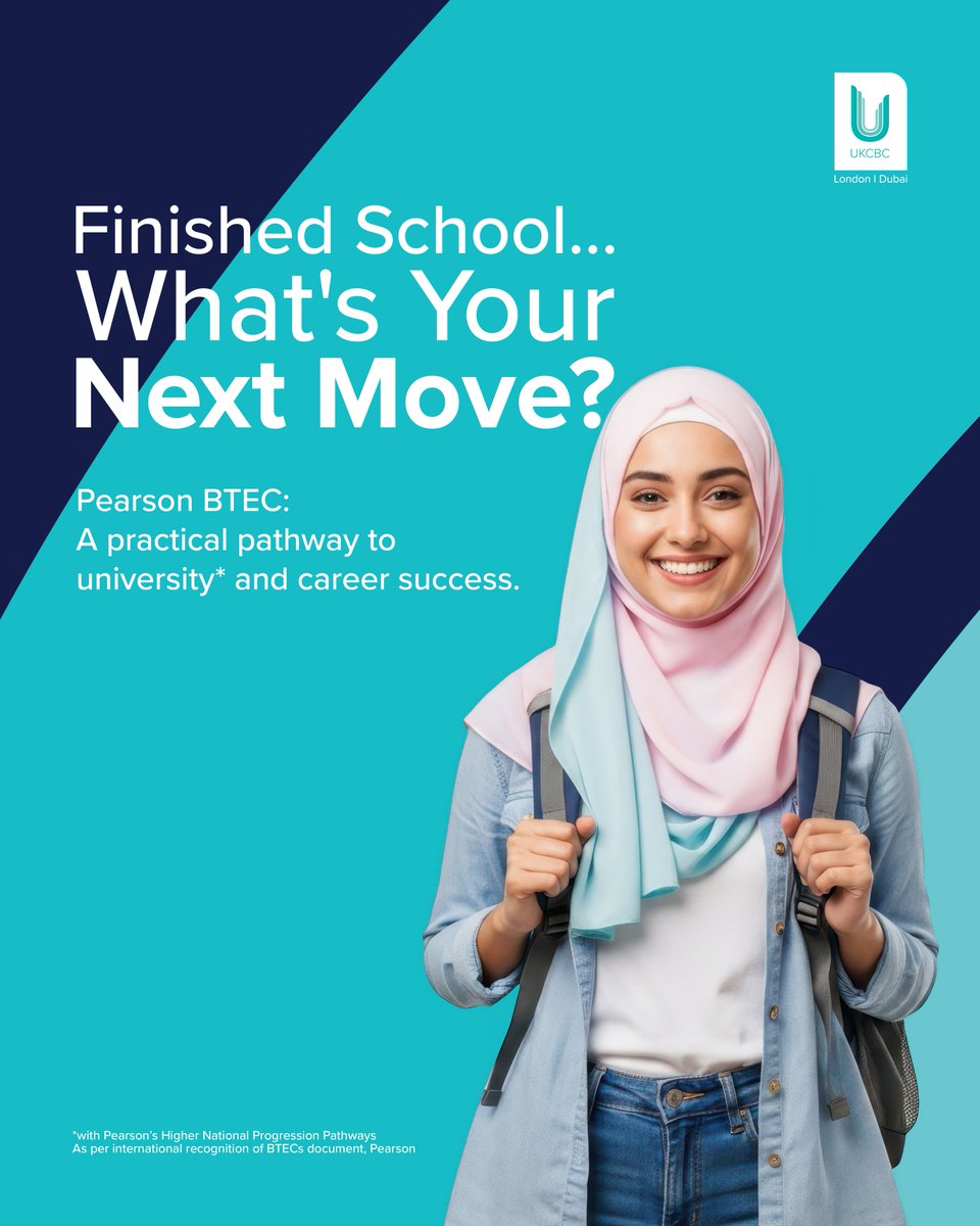 UKCBCUAE's tweet photo. From Grades 9–12 to gap year students, BTEC offers practical, industry-focused learning. Awarded by Pearson and recognised by 200+ universities, it's a pathway to higher education and future careers.
#UKCBCDubai #BTEC #Pearson #HigherEducation #StudentSuccess #StudyInDubai https://t.co/ENKTneIo5q