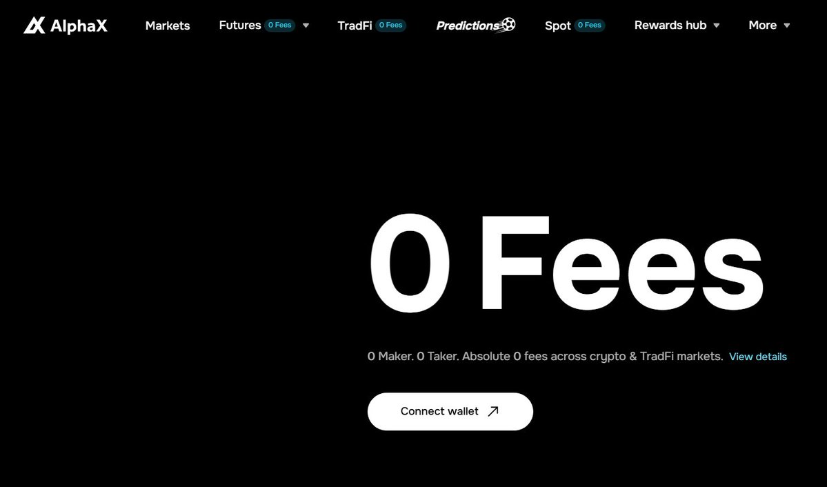 Kaitrending_0's tweet photo. Wait AlphaX has 0 fees on crypto too?? Thought it was just the stocks/TradFi side. Spot, futures, all of it apparently. Kinda mad I didn't know sooner lol
#AlphaXZeroFees https://t.co/47hwxjZwRf