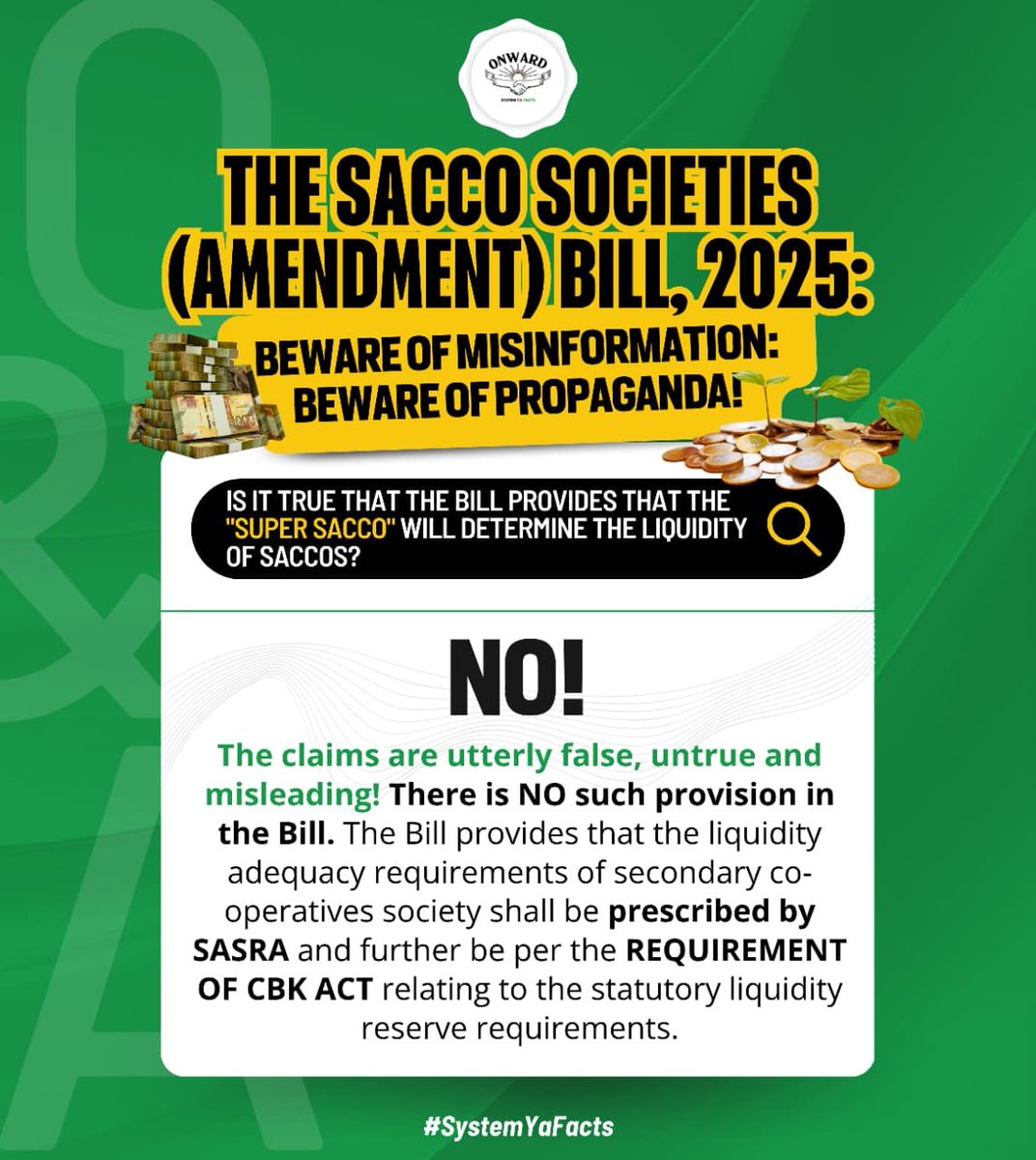 KiprotichSNR1's tweet photo. #SACCOsBillFacts | Reject Propaganda
No super SACCO has any power to set liquidity rules for SACCOs. The Bill clearly states that SASRA will prescribe the requirements. These rules must also meet the statutory liquidity reserve requirements under the CBK Act. https://t.co/V43GWYXFsj