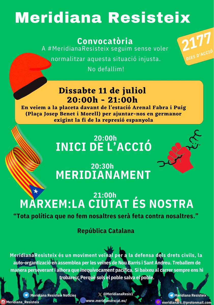 MeridianaResis1's tweet photo. 🚨Meridianes! Avui us convoquem a una nova jornada combativa ✊

🔥La repressió només s'acabarà amb la independència del nostre
    país!✊

⚡Si avui no lluiteu pel vostre país, demà no ploreu! 

    Desperta Catalunya! - Desperteu catalans!✊
    Desperta ferro! 🏴 https://t.co/rnOboyHC7N