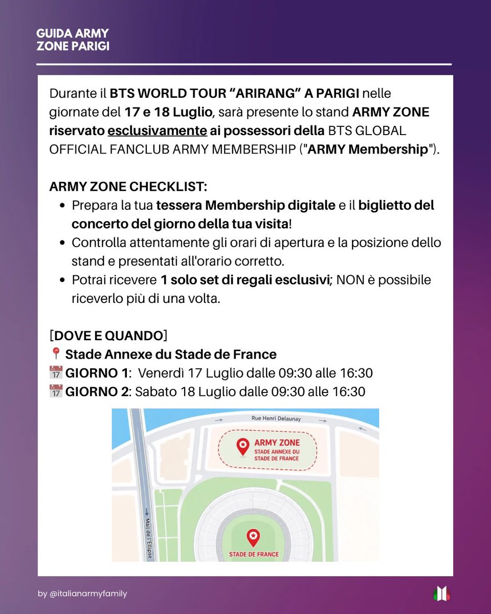 italianarmyfam_'s tweet photo. 📍GUIDA ARMY ZONE – Parigi📍

🇫🇷 Stade Annexe du Stade de France
🗓️17 e 18 luglio: 09:30–16:30

Documenti richiesti:
• Il biglietto del concerto della giornata (M-ticket Ticketmaster o PDF)
• La ARMY Membership nell’app Weverse

⚠️Gli screen della Membership non sono accettati https://t.co/LbzVGwT2i3