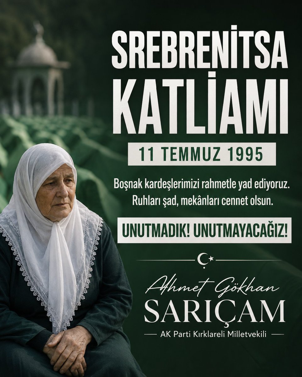 gokhansaricam's tweet photo. Avrupa’nın kalbinde, dünyanın gözleri önünde yaşanan Srebrenitsa Soykırımı’nın acısı, aradan geçen yıllara rağmen yüreklerimizde ilk günkü gibi tazedir.

8 bin 372 masum Müslüman Boşnak kardeşimizin katledildiği o karanlık günleri unutmadık, unutturmayacağız.

Bilge Kral Aliya İzzetbegoviç’in, “Unutulan soykırım tekrarlanır.” sözü, bugün Gazze’de yaşanan vahşet karşısında insanlığa yeniden sorumluluğunu hatırlatmaktadır.

Bosna’dan Gazze’ye mazlumların yanında, zalimlerin karşısında olmaya devam edeceğiz.

Srebrenitsa şehitlerimizi rahmetle anıyorum. Ruhları şad, mekânları cennet olsun.