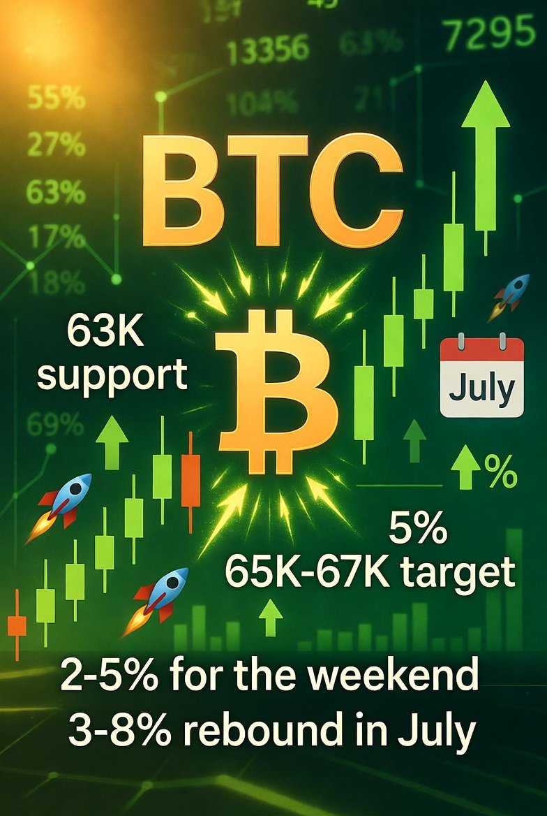 Ehalawane1's tweet photo. إذا حافظت عملة البيتكوين (BTC) على مستوى ال��عم فوق 63 ألفاً، فقد ترتفع بشكل طفيف لتصل إلى 65,000 - 67,000 📈 (مكاسب بنسبة 2-5% خلال عطلة نهاية الأسبوع). وتُظهر بعض نماذج التنبؤ احتمالية حدوث ارتداد بنسبة 3-8% 🚀 على المدى القصير إلى المتوسط في شهر يوليو 🗓. https://t.co/gonU3InQth