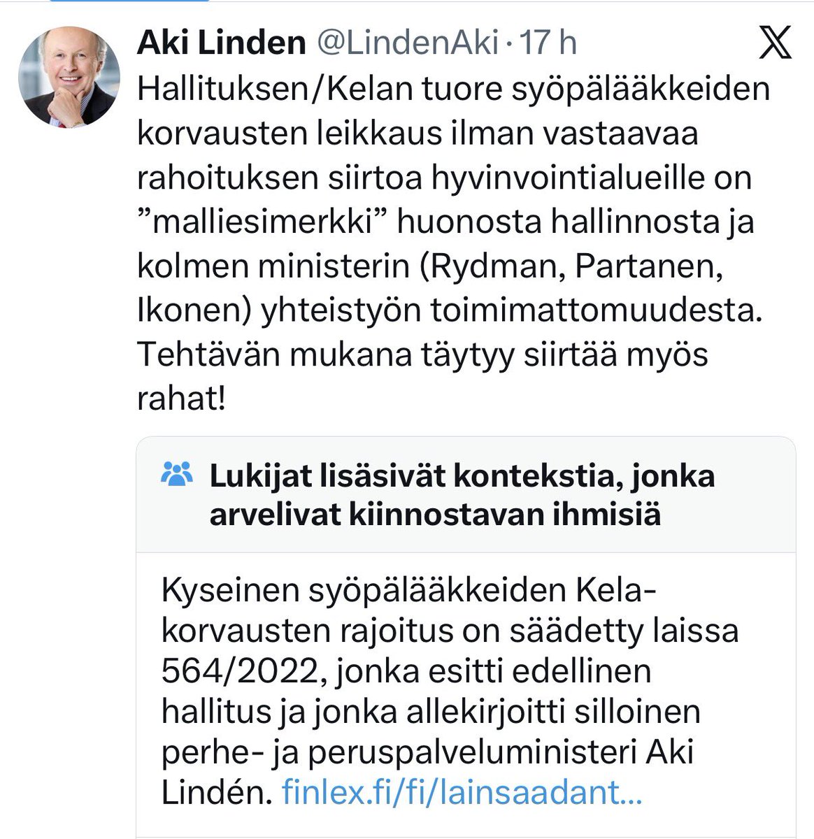 pbyrokraatti's tweet photo. Aki Linden sai yhteisöhuomautuksen. Lain, jota hän arvostelee, on allekirjoittanut ministeri Aki Linden.
Paitsi että Lindenin hallinnossa kiusalliset asiakirjat eivät näytä pysyvän tallessa, hän ei näytä myöskään tietävän, mitä hän on ministerivuosinaan puuhaillut. https://t.co/tq7jZ3g89H