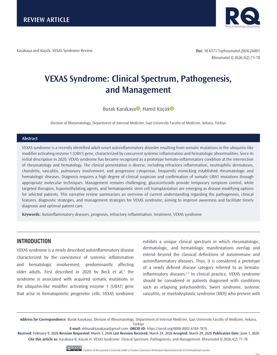 RheumQuarterly's tweet photo. https://t.co/ZvRUUewFoA

Read the full review open access: https://t.co/K1R7oqR9tK
#VEXASSyndrome #Rheumatology #Hematology https://t.co/Z15AXLDGko