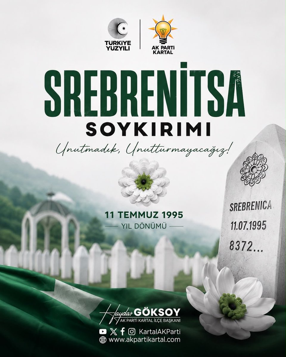 KartalAKParti's tweet photo. 11 Temmuz 1995’te gerçekleşen Srebrenitsa Soykırımı’nın yıl dönümünde, hayatını kaybeden 8372 masum canı rahmetle ve hüzünle anıyoruz.

İnsanlık tarihinin bu kara lekesini unutmadık, unutturmayacağız. 
#Srebrenitsa #Srebrenica #Unutmadık https://t.co/pfxck3V0zm