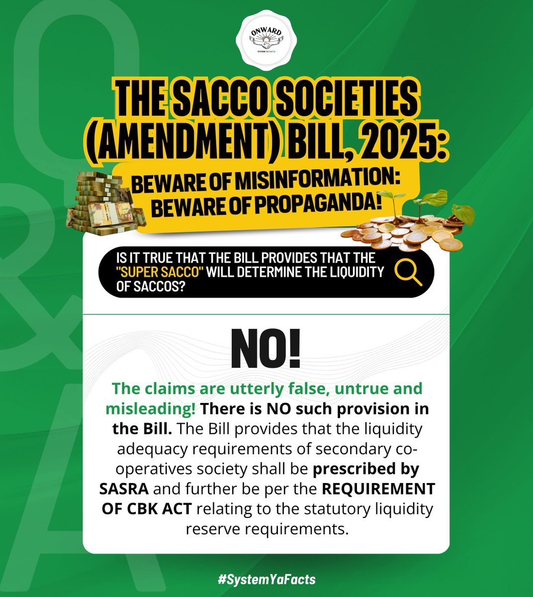 Nael254's tweet photo. Will a super SACCO determine liquidity for all others. No. The bill states liquidity adequacy requirements for secondary societies will be prescribed by SASRA and the CBK Act. #SACCOsBillFacts Reject Propaganda https://t.co/Dy0WbOdeep