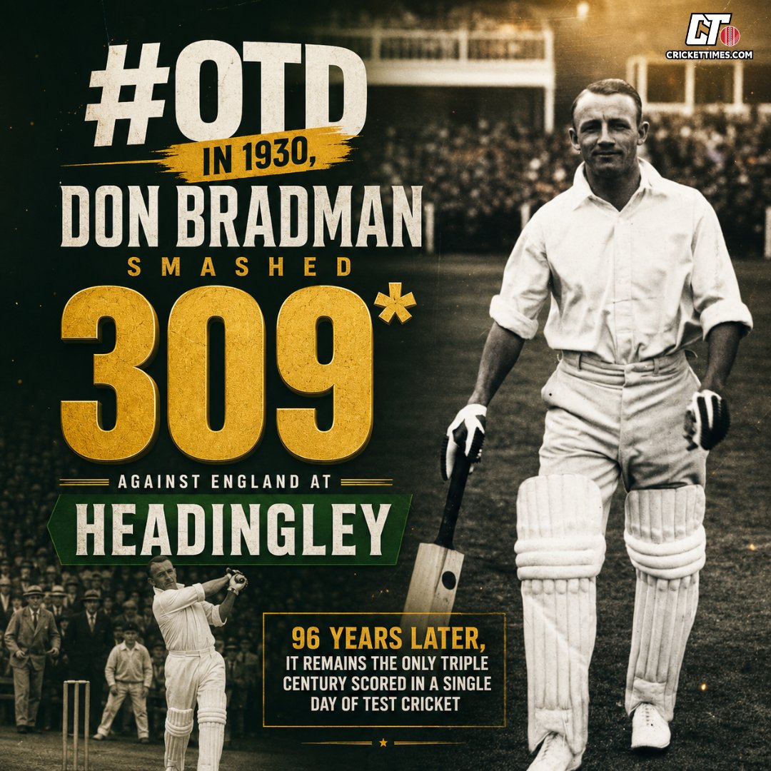 CricketTimesHQ's tweet photo. #OnThisDay in 1930, Don Bradman smashed 309* against England on Day 1 at Headingley.
Nearly a century later, it remains the only triple century scored in a single day of Test cricket. A record truly untouched by time 🏏
#DonBradman #ENGvsAUS #CricketTwitter https://t.co/0HFivxRx6B