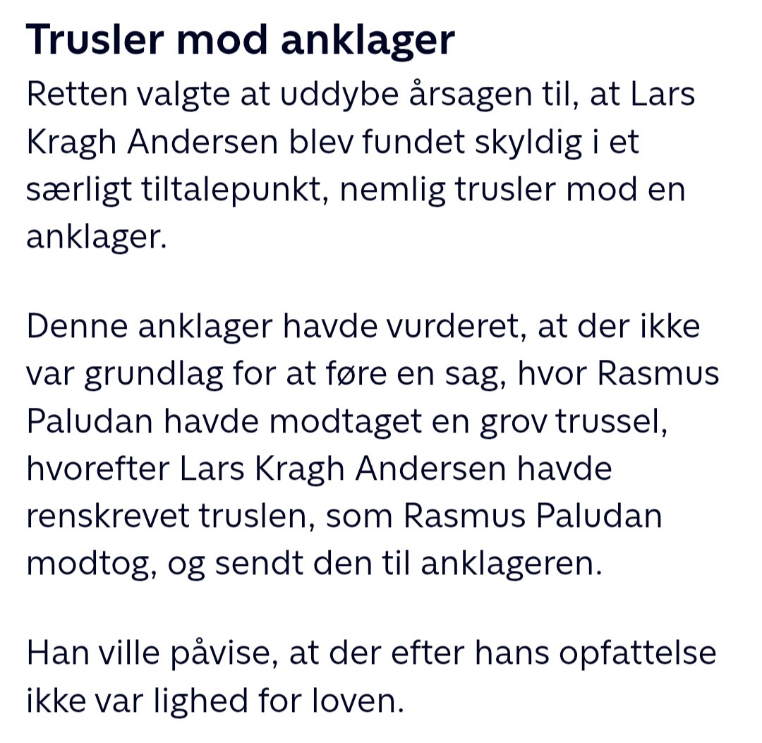 LarsAnders1620's tweet photo. En af de begreber, vi skal tale mere om er "anarkotyranni" - altså den tilstand som staten i større og større omfang lader os leve i ved at slå hårdt ned på borgere, der "krænker" den herskende klasse, imens staten tager det mere end afslappet, når borgerne skal beskyttes. På den måde kommer vi til at leve i en ulidelig kombination af tyranni og anarki. Faktisk det værste fra begge verdener.

Som aktivist kan jeg godt lide at illustrere den slags helt konkret, og mit bedste eksempel er, at jeg fik mig selv dømt for at "true" en anklager, der tidligere havde tidligere afskrevet præcis samme trussel som en bagatel uden for straffelovens område, da den blev ytret mod Rasmus Paludan.

Men der er forskel på folk åbenbart. For jeg blev dømt med piber og trommer for denne "åbenbare trussel på livet" (der var afsluttet med "venlig hilsen" og iøvrigt var af helt indlysende aktivistisk karakter).

Den statsstøtte presse har ikke interesseret sig selvstændigt for sagen udover dækningen af min dom. De har fx ikke forsøgt at interviewe anklagemyndigheden eller justitsministeren om den retsmæssige uligevægt.

Der er iøvrigt mange flere eksempler på anarkotyranni derude. Prøv fx at bruge vold mod en betjent, der filmer dig og se, hvad der sker. Noget de rutinemæssigt gør ved borgerne uden konsekvens.