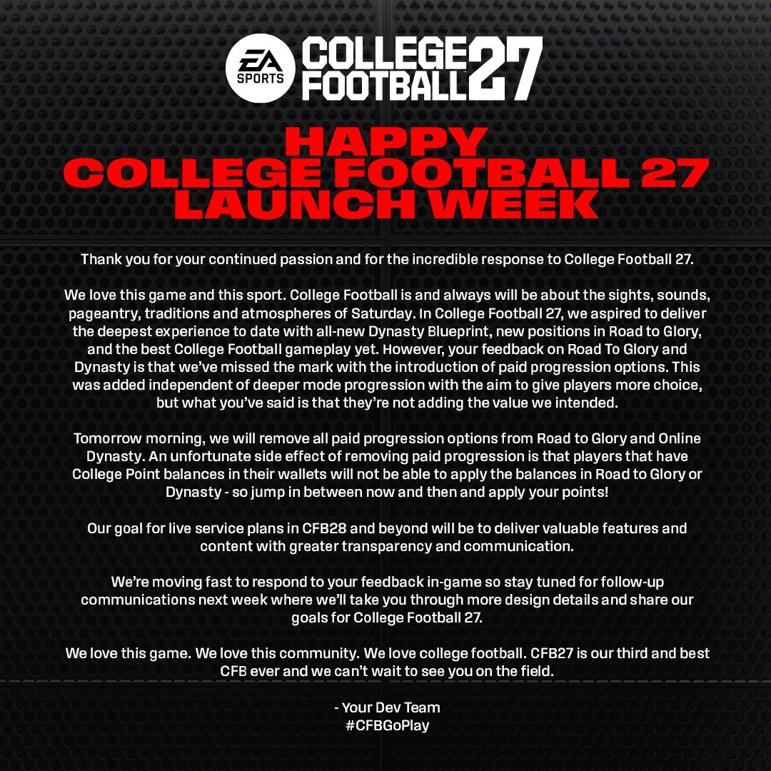 dico_tv's tweet photo. Ein Sieg für die Community! 🔥
EA SPORTS entfernt die kostenpflichtige Inhalte bei 2 Modi, die extrem stark in die Kritik geraten sind bei Collage Football 27 und angenlich auch Vorreiter waren für #FC28 Karrieremouds https://t.co/sBUE45lqTT