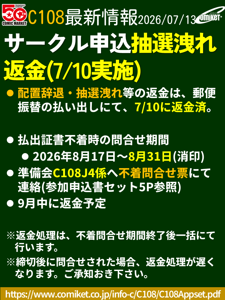 抽選洩れ返金】 7/10に配置辞退・抽選洩れ等のサークルへの返金が郵便