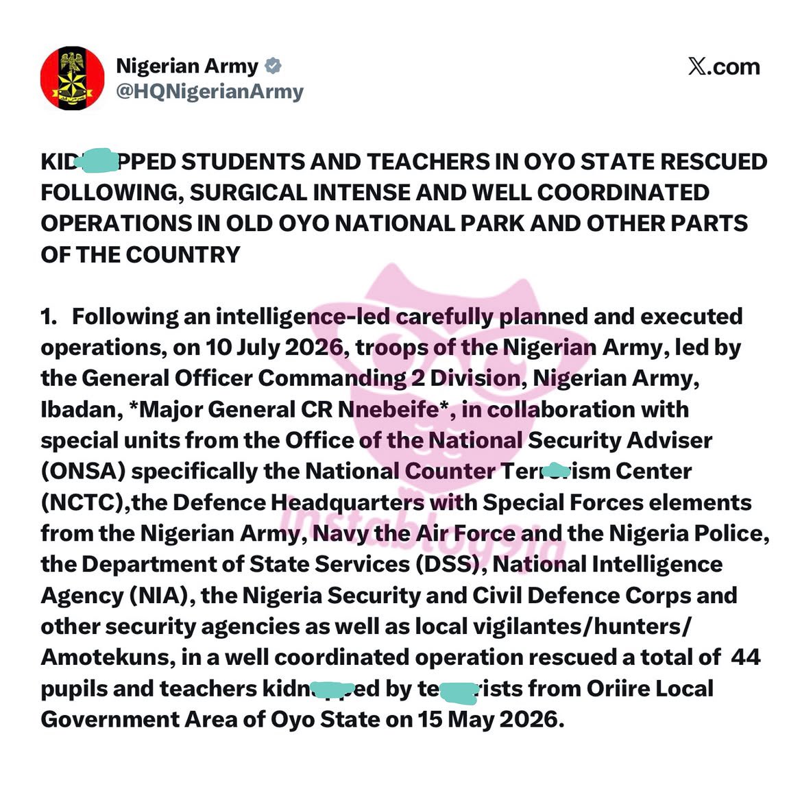 instablog9ja's tweet photo. How Multiple Arrests Forced Terr%rists to Release Abd¥cted Oyo Pupils and Teachers Unconditionally— Nigerian Army https://t.co/iqdpXXBrmI