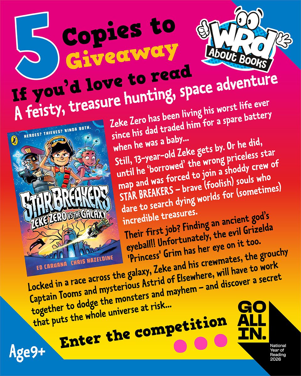 WRDmag's tweet photo. We have 5 copies of the new EPIC graphic novel, #Starbreakers: Zeke Zero vs The Galaxy by #EdCaruana & #ChrisHazeldine to #WIN!
If you love your treasure hunting served up in space… and would love to join Zeke as he searches for a Lost Gods eyeball… this is going to be the adventure for you!
RT & Flw by July 17 to enter
#WRDMagComp @PuffinBooks
#GoAllIn2026 #NationalYearOfReading2026