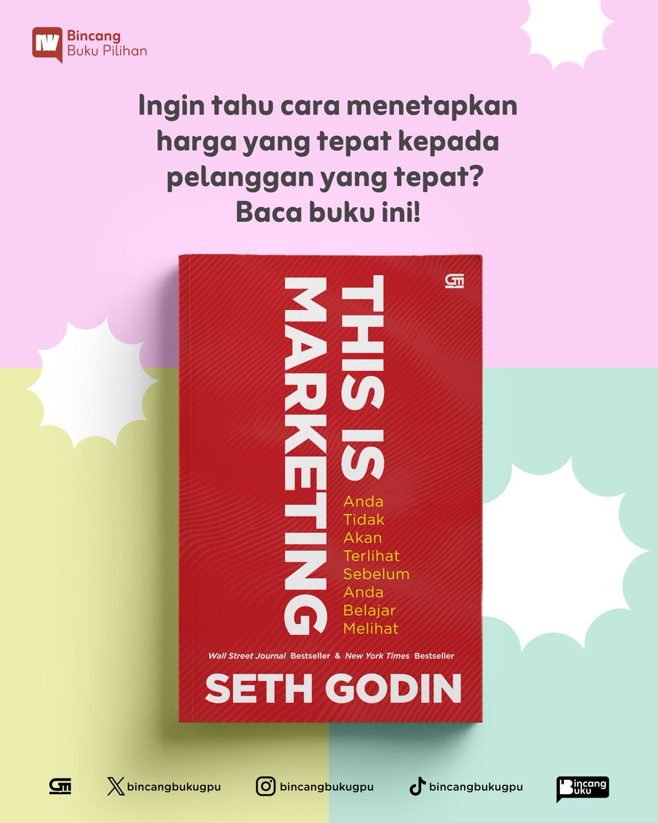 bincangbukugpu's tweet photo. Dalam THIS IS MARKETING, Seth Godin membagikan seni memosisikan diri sebagai brand, yang tak hanya menentukan konsumen sasaran, tetapi juga menentukan siapa yang bukan sasaran. π
β¨
#bincangbukugpu #bukugpu #nonfiksigpu #SethGodin #ThisIsMarketing https://t.co/aGlrNwVnRS