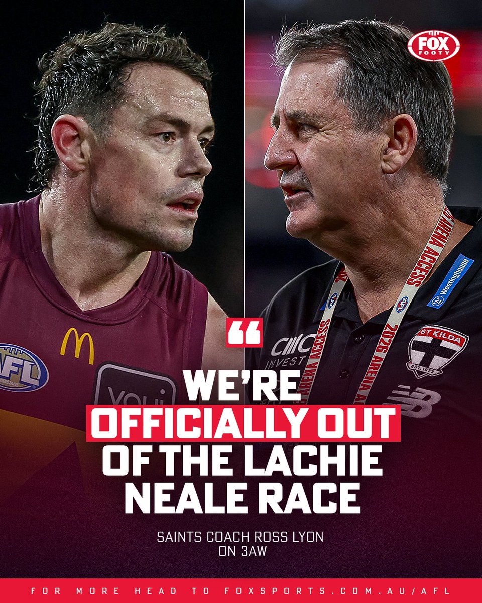 FOXFOOTY's tweet photo. The Saints are OUT on Lachie Neale ❌😇

But Ross Lyon said the club 'didn't miss out' as 'something we could've pursued' as details of meeting revealed. 

READ MORE ➡️ https://t.co/ZUx9H651oy https://t.co/bwqd6HDDNS