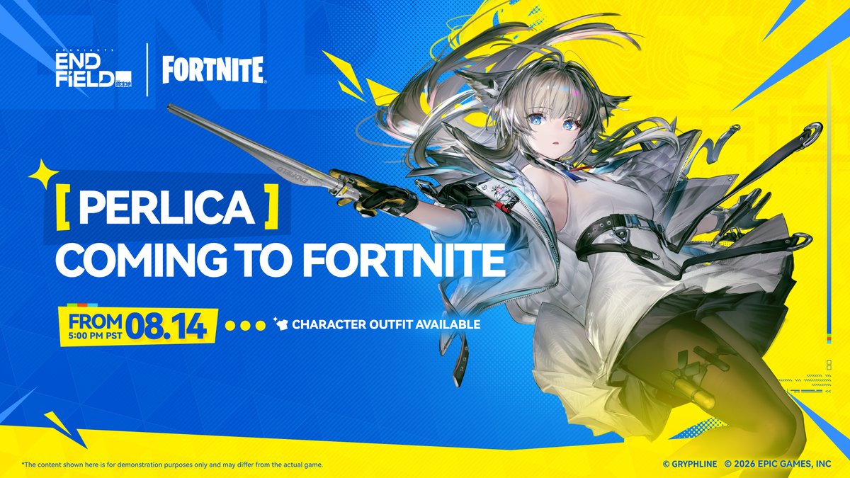 AKEndfield's tweet photo. #Fortnite × #ArknightsEndfield‌ 

Perlica is dropping into Fortnite !

The Perlica Outfit will be available in Fortnite starting August 14 at 5:00 PM PT. Stay tuned!

*The content shown here is for demonstration purposes only and may differ from the actual game. https://t.co/ujd6XR2TrJ