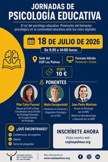 pevelalo's tweet photo. El 18 de julio se celebran las Jornadas de Psicología Educativa del @COPLasPalmas.

🧠 Bienestar psicológico y retos digitales
🕤 9:30–14:00
📍 Presencial en Las Palmas y online
💶 10 €
Inscripción: https://t.co/yS45hauFAf

#PsicologíaEducativa #BienestarPsicológico https://t.co/c6IpFIOnwL