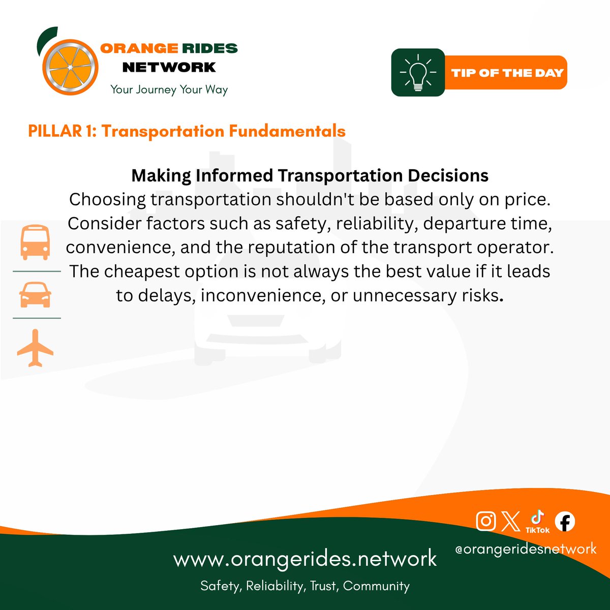 Orange_Rides's tweet photo. The best travel choice isn't always the cheapest or the fastest. It's the one that balances safety, convenience, and cost.

#OrangeRidesNetwork #ORNSound #TravelSmart #TransportEducation https://t.co/TQbVIsNKtT