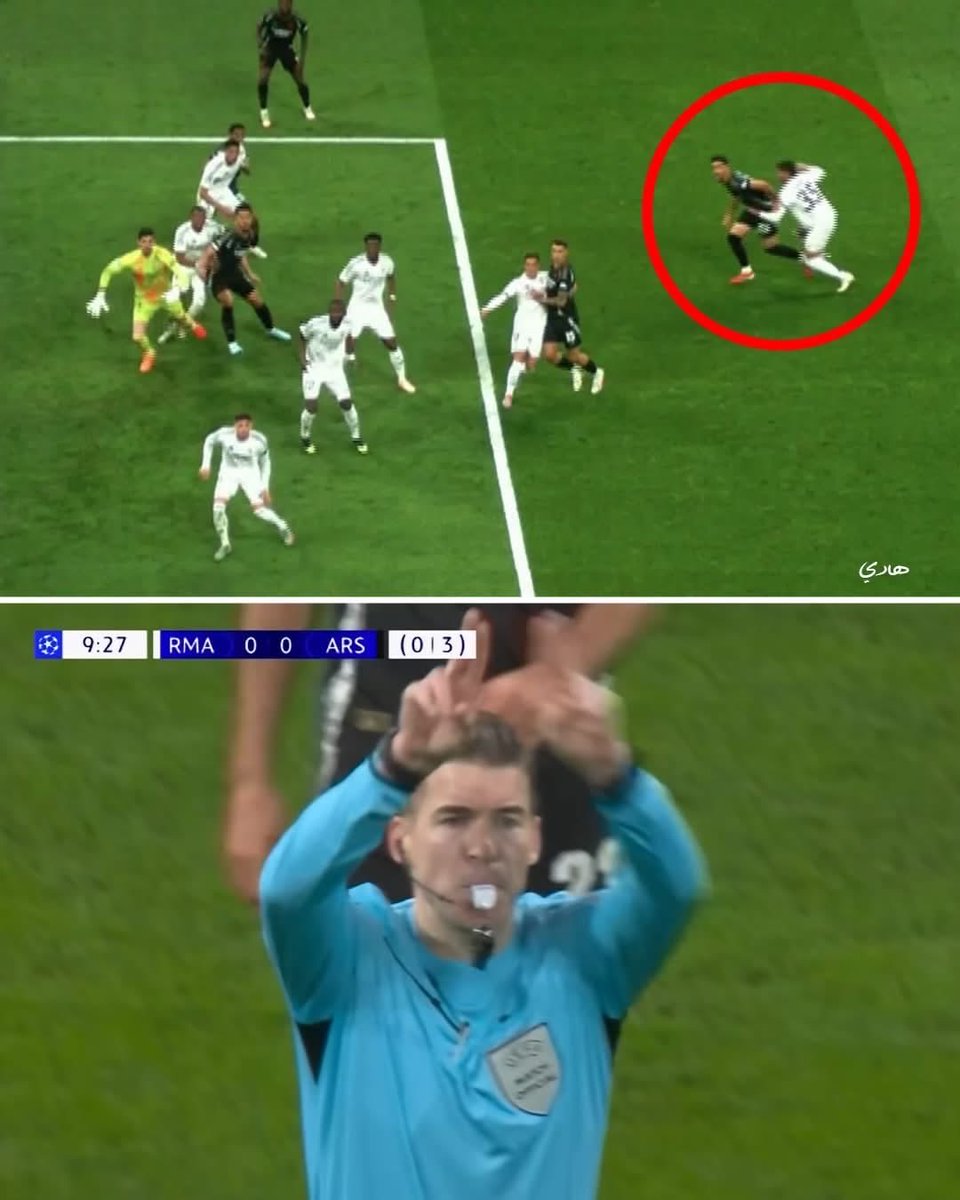 MKhalifa_'s tweet photo. 🚨ريال مدريد وآرسنال - إياب ربع نهائي دوري الأبطال ٢٠٢٥.

🔹نفس اللعبة .. نفس الشدّة .. ونفس الحكم فرانسوا ليتكسير المشبوه .. ونفس حكم الڤار 🔹كمان سبحان الله هو نفسه الفرنسي جيروم بريسار .. الفرق الوحيد بس إن شدّة أسينسيو لمورينو اتحسبت ضربة جزاء، وشدّة ماك أليستر لحمدي فتحي ماتحسبتش.

🔴علشان بس محمود العبساوي وليونيل أشرف مأكدنلي إنها مش بتتحسب وإن الكورة ماكنتش رايحة لحمدي فتحي فـ علشان كده مش هتتحسب
👈مع إن كورنر آرسنال ده راح في إيد كورتوا وبعيد بـ فدّان عن مورينو
👈والقرارين في ظرف سنة واحدة وقدام نفس حكم الملعب ونفس حكم الڤار في الماتشين!

والله ما هننسى الفضيحة ديه يا شوية مُدلسين.