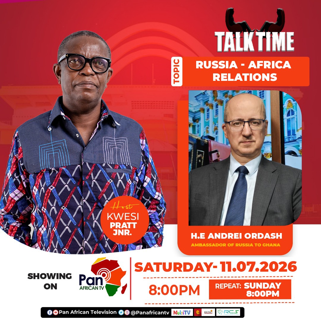 PanAfricanTv's tweet photo. Tonight on Talk Time, Kwesi Pratt, Jnr. engages the Ambassador of Russia to Ghana H.E Andrei Ordash in a thought-provoking discussion on Russia–Africa relations.

🕗 8:00 p.m. 

📺Live on Pan African TV

You don't want to miss it!

#talktime
#russia
#patv
#politics 
#africa https://t.co/yvft93uX9h