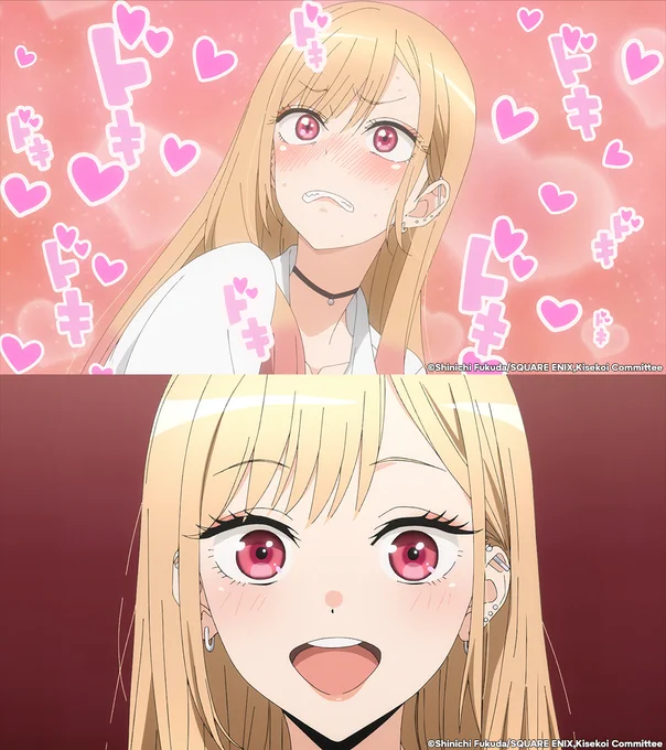 Two-panel image of Marin from the anime \"My Dress-Up Darling.\" In the top panel, she looks embarrassed and flustered, cheeks flushed, surrounded by pink hearts and Japanese \"doki doki\" (heartbeat) text effects. The bottom panel is a close-up of her, with a wide, delighted, open-mouthed smile, set against a dark red background.