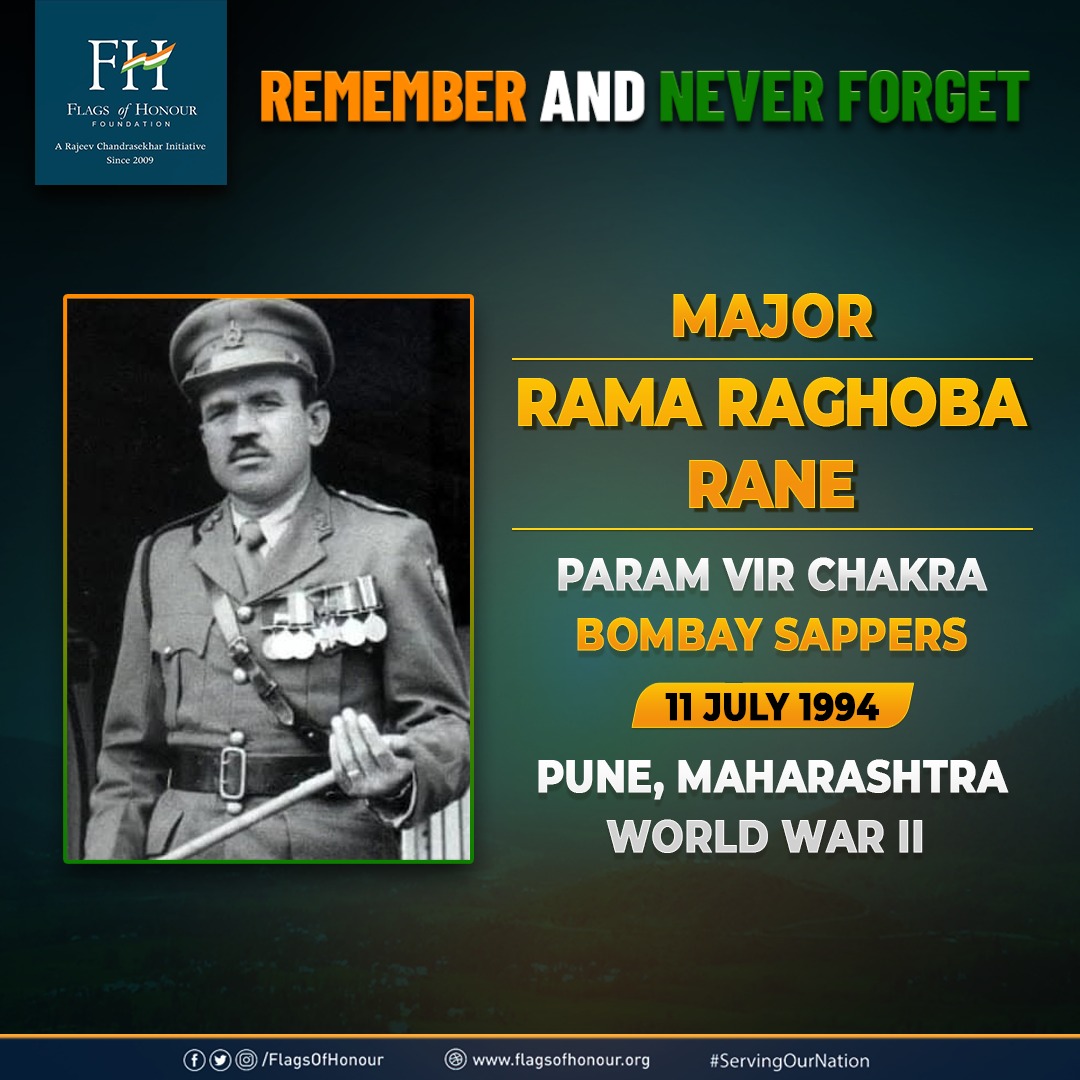 FlagsOfHonour's tweet photo. Major Rama Raghoba Rane, PVC, 2nd Lieutenant during Indo-Pak War 1947-48, worked towards clearing the route to gain capture of Rajouri, without food &amp; rest, despite being injured because of machine-gun fire. #OnThisDay he passed away in Pune in 1994.

#RememberAndNeverForget https://t.co/piLoOOYavQ