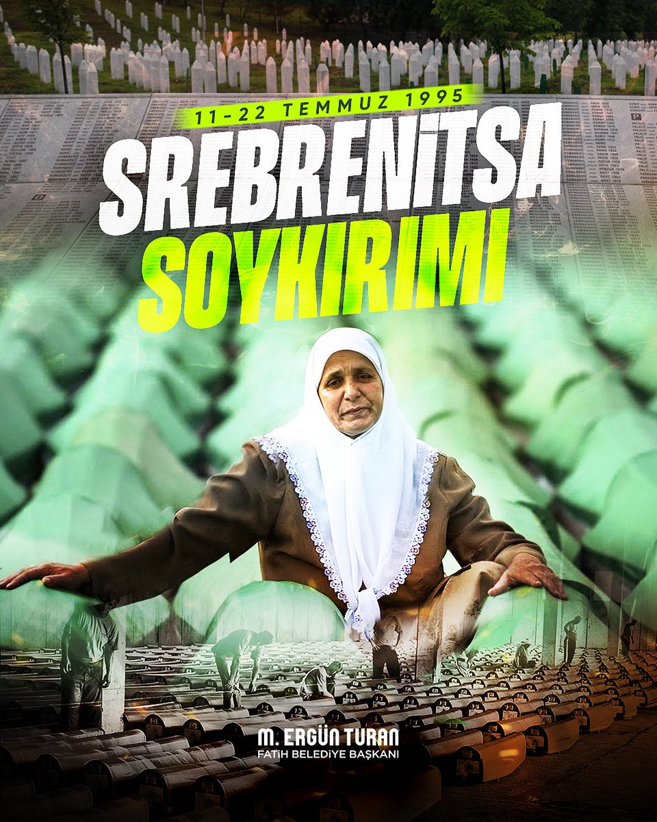 MErgun_Turan's tweet photo. Srebrenitsa’da 31 yıl önce yaşanan katliam, tüm insanlığın vicdanında derin yaralar açtı.

Avrupa'nın ortasında savunmasız bırakılan Boşnak halkı tüm dünyanın gözleri önünde soykırıma uğratıldı; çocuk, kadın, yaşlı, sivil demeden 8372 masumun acımasızca hayattan koparıldı, insani ve evrensel değerler ayaklar altına alındı.

Srebrenitsa Soykırımını Uluslararası Anma Günü'nde, Boşnak kardeşlerimizin acısını paylaşıyor, şehitlerimizi rahmetle anıyorum.

Allah insanlığa bir daha böyle acılar yaşatmasın.