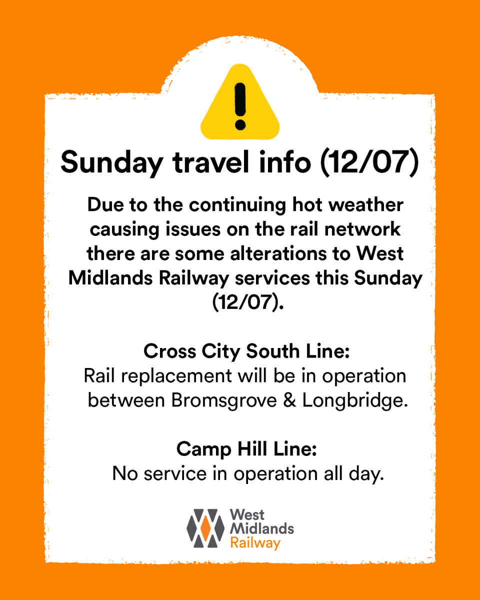 WestMidRailway's tweet photo. ⚠️ Reminder of service alterations for travel tomorrow.

ℹ️ This is due continuing hot weather causing issues on the rail network.

🔗 Please check before you travel: https://t.co/omWsBfpmJt https://t.co/5QWTAI5Uit
