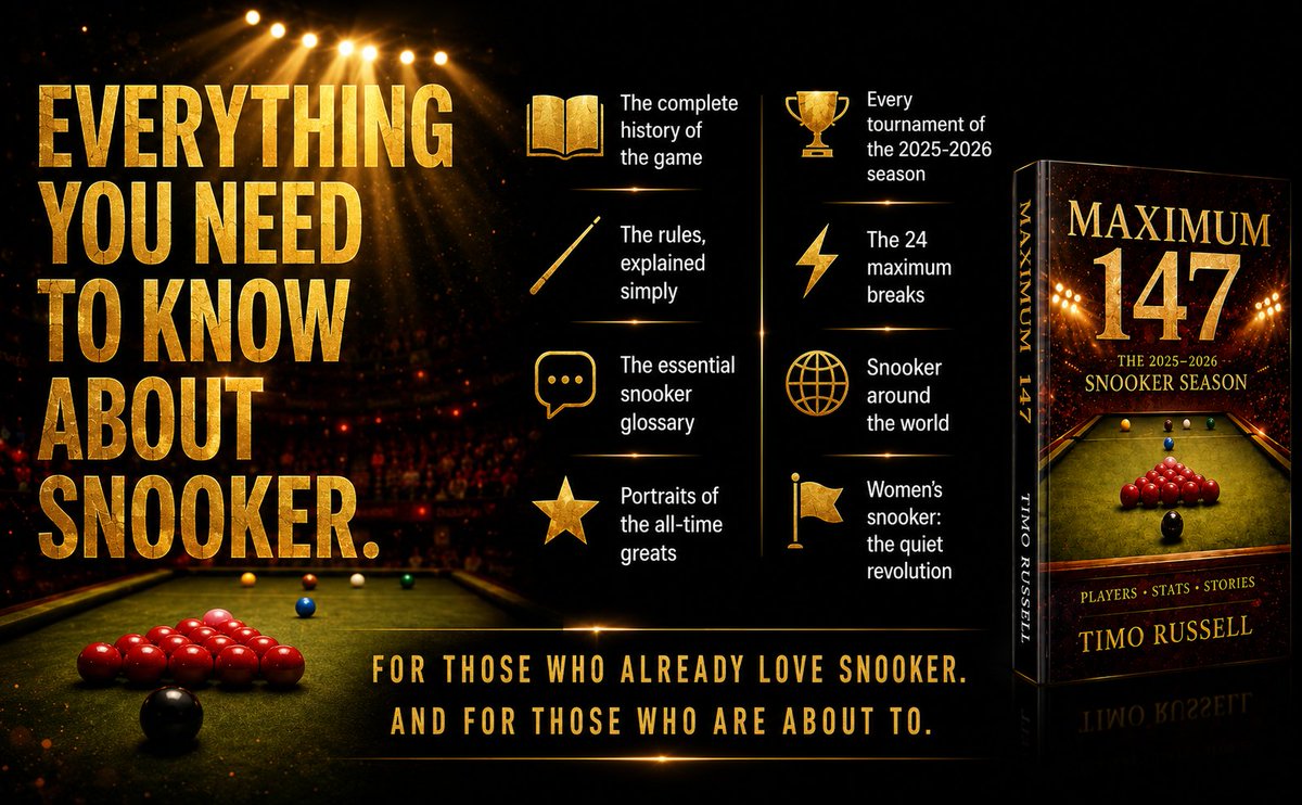 TimoRussellFR's tweet photo. Everything you need to know about snooker.
In one book. 🎱
MAXIMUM 147, out now on Amazon.
https://t.co/Tldgbggq1q
#Snooker #Maximum147 https://t.co/yzI19LJken