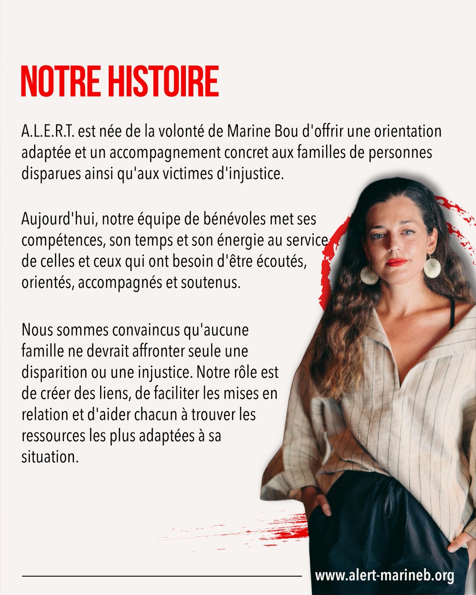 ALERTparMarineB's tweet photo. Face à une disparition ou une injustice : aucune famille, aucune victime ne devrait rester seule.
A.L.E.R.T est lancée.
Créée par @MarineBou1 , créatrice de contenu sur Youtube.
Notre mission : les orienter vers les médias, les associations et les experts adaptés. https://t.co/g2hvY0NmdZ