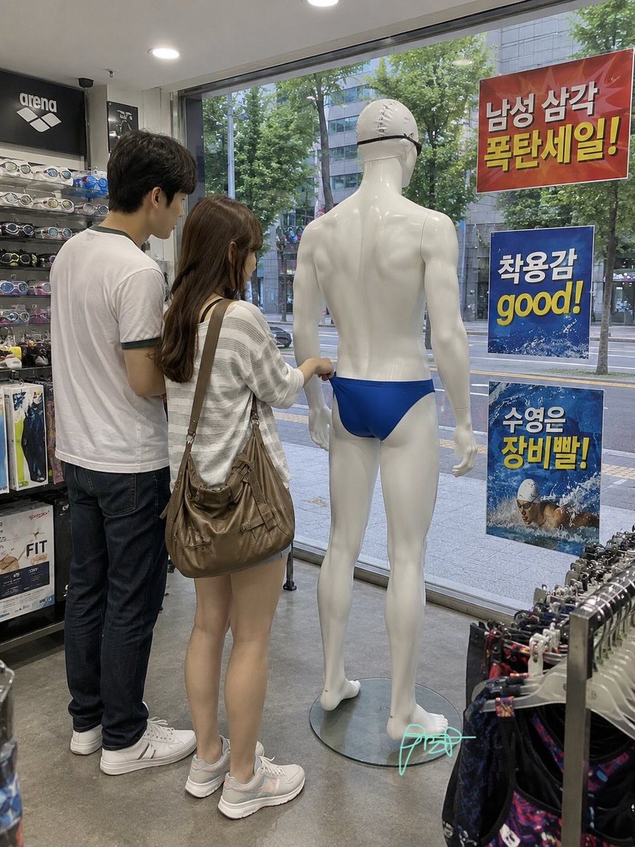 Linelesscharger's tweet photo. 나의 상상 혹은 예측 시나리오. 2-2편

시기, 장소 :
(2-1편과 동일)

상황 :
20대 커플이 남자의 수영복을 구매하기 위해 수영복매장을 방문함. 여자는 마네킹이 입은 삼각수영복을 직접 만져보며 확인중

한줄평 :
편안하고 신축성 좋은 수영복이 최고야!! 🩲👍

#삼각수영복 #vパンツ https://t.co/nFjA977daS