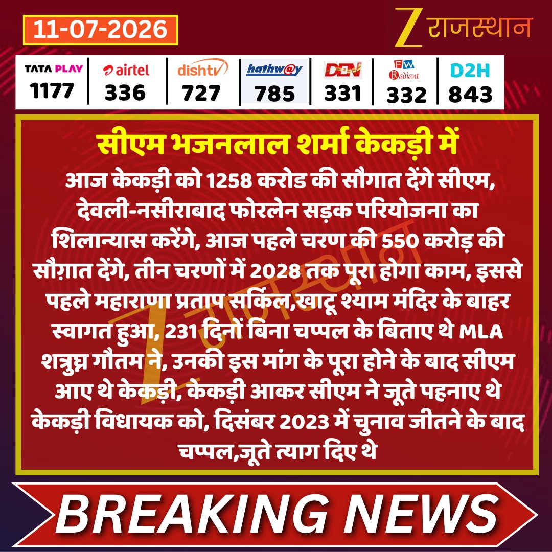 zeerajasthan_'s tweet photo. #केकड़ी सीएम भजनलाल शर्मा केकड़ी में

आज केकड़ी को 1258 करोड की सौगात देंगे सीएम, देवली-नसीराबाद फोरलेन सड़क परियोजना का शिलान्यास करेंगे, आज पहले चरण की 550 करोड़ की सौग़ात देंगे, तीन चरणों में 2028 तक पूरा होगा काम, इससे पहले महाराणा प्रताप सर्किल,खाटू श्याम मंदिर के बाहर स्वागत हुआ, 231 दिनों बिना चप्पल के बिताए थे MLA शत्रुघ्न गौतम ने, उनकी इस मांग के पूरा होने के बाद सीएम आए थे केकड़ी, केकड़ी आकर सीएम ने जूते पहनाए थे केकड़ी विधायक को, दिसंबर 2023 में चुनाव जीतने के बाद चप्पल,जूते त्याग दिए थे

@BhajanlalBjp @RajCMO @ashishchauhanze @BJP4Rajasthan @ShatrughanMLA @KumariDiya  @OnlineKanhaiya @SureshRawatIN #LatestNews #RajasthanNews #RajasthanWithZee