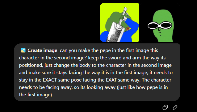 worthOnRH's tweet photo. sorry i didnt see this!

can you make the pepe in the first image this character in the second image? keep the sword and arm the way its positioned, just change the body to the character in the second image and make sure it stays facing the way it is in the first image, it needs to stay in the EXACT same pose facing the EXAT same way. The character needs to be facing away, so its looking away (just like how pepe is in the first image)

this is what im using rn ahha, im not the best at it but its working