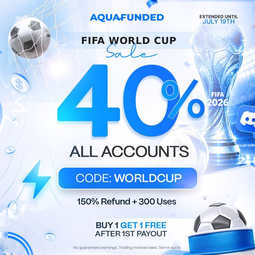 pro_pips1's tweet photo. YO TRADERS WORLD CUP JUST WENT CRAZY ⚽🔥

AquaFunded EXTENDED their FIFA SALE till July 19th!!!

- 40% OFF ALL ACCOUNTS 😱
- Buy 1 GET 1 FREE after payout!!
- 150% REFUND + 300 USES WHATTT

Code: WORLDCUP

Score BIG on funding this tourney or miss out foreverrrr!!! Tap in NOWWWW

https://t.co/qvQIwjHsiv