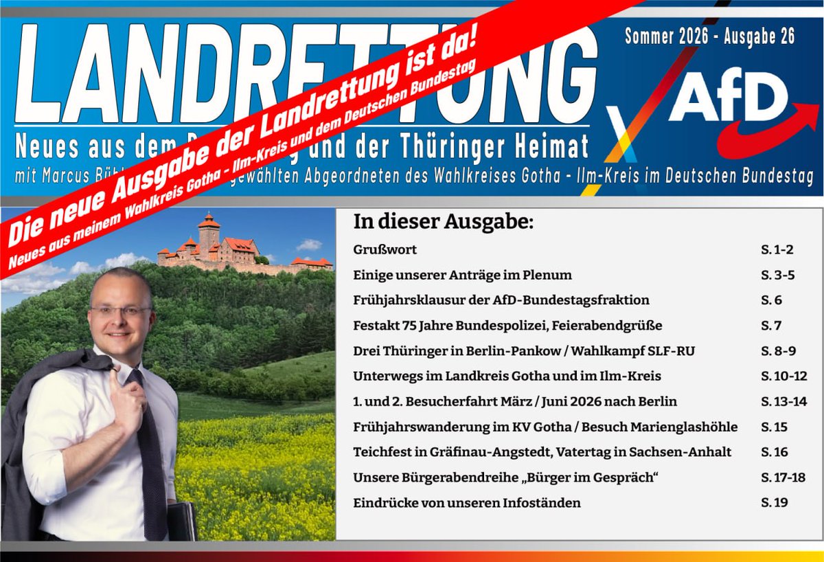 Marcus_Buehl's tweet photo. Hier können Sie die Zeitung herunterladen:
https://t.co/1ykvnfe0NE
Landrettung mit Marcus Bühl, Ausgabe 26, Sommer 2026
#Gotha #Ilmkreis #WK191 #AfD #Landrettung #Zeitung #Ausgabe26 #Bühl https://t.co/0F7F3EIanv