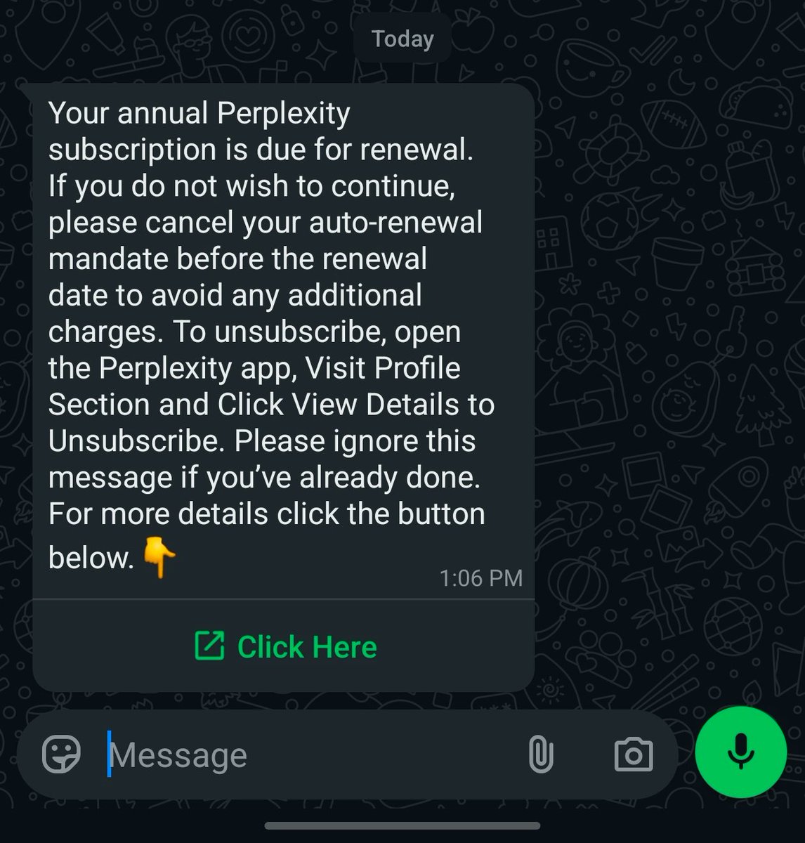 ImSuhit's tweet photo. @DealsDhamaka Got this message on WhatsApp from Airtel today. Seems like they are sending a reminder which is a good thing. https://t.co/an73l3hJA0