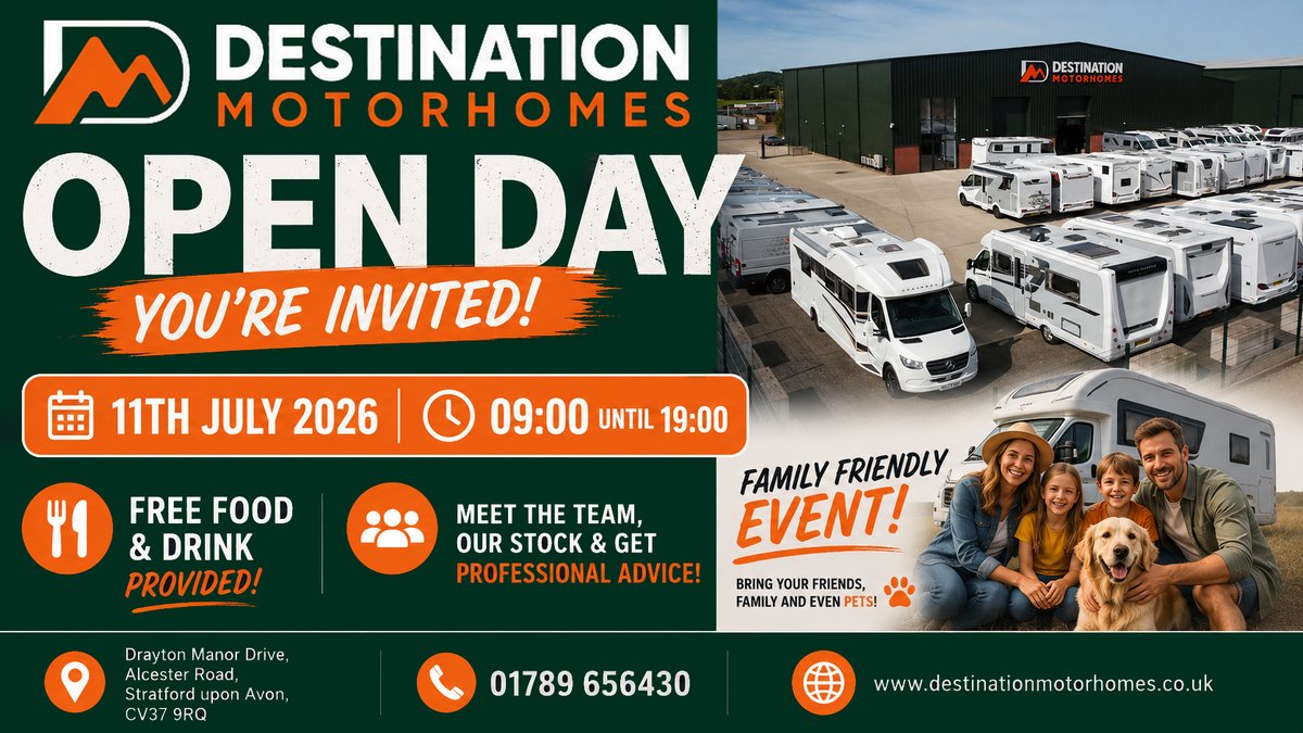 DestinationMoHo's tweet photo. TODAY'S THE DAY!
-
OUR OPEN DAY EVENT IS ON NOW!
-
We're open from 09:00 - 19:00, so why not head on down, spend some time looking through our new &amp; used stock, chat with our team and enjoy some free food &amp; drink!
-
Use the postcode; CV37 9RQ 
-
Friends, family &amp; pets welcome! https://t.co/M9B6UDrKyd