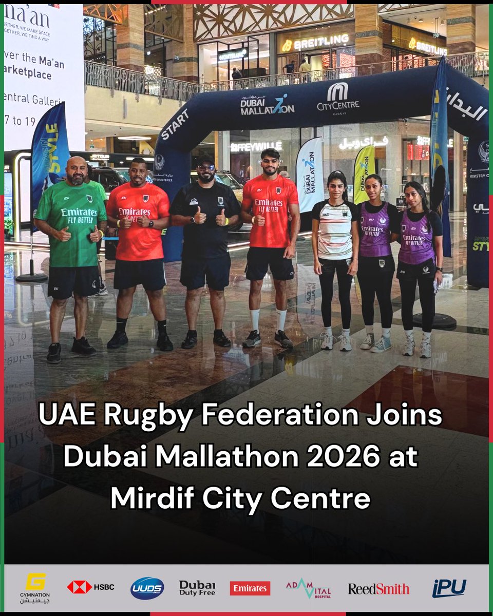 uaerugby's tweet photo. اتحاد الإمارات للرجبي في مبادرة دبي مولاثون 2026، التي أُطلقت برعاية سمو الشيخ حمدان بن محمد بن راشد آل مكتوم، وذلك صباح اليوم في مردف سيتي سنتر.
معًا نحو مجتمع أكثر صحة ونشاطًا. 🏉💪
#DubaiMallathon #UAERugby #asiarugby #36inunion https://t.co/QfVMlQVKa2