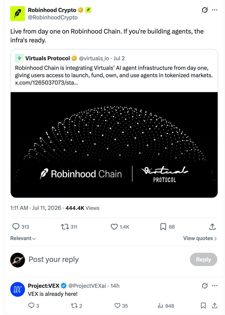 zeroblankx's tweet photo. 分析一下昨天Robinhood上Agent标的 $VEX 启动的过程.

VEX项目是Virtuals生态内的, 一个基于AI Agent进行链上资产管理的金融类Agent项目. 它在昨晚10:04PM的时候发布了VEX App live的帖子. 帖子发布后不久, Arbitrum, Virtuals, Solana, 0G Labs都进行了互动, 给社区其有不��背景的印象. 

凌晨, Robinhood官推转发Virtuals的关于其AI Agent生态支持Robinhood链的推文.

上午7点, Robinhood的高级副总裁发推欢迎Virtual等协议入驻.

另外Robinhood也宣布未来会支持AI Agent直接调用账户进行资产管理.

新链上线的热潮, 叠加meme造富效应对注意力的吸引, 以及官推和virtuals的互动. 让VEX作为virtuals里的一个ai生态的新标的得到了注意力.

(本文不提供任何投资建议)