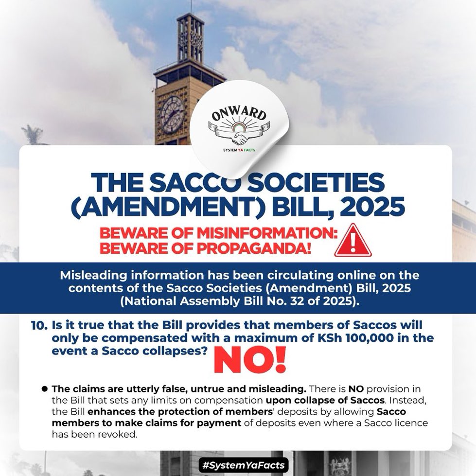 itsburberry22's tweet photo. Is your Sacco payout capped at KSh 100,000 if it collapses? No! The viral posts are false. The 2025 Bill introduces zero compensation limits and actually creates paths to claim deposits if a licence is revoked. #SACCOsBillFacts Reject Propaganda https://t.co/6vyaEmBfQK