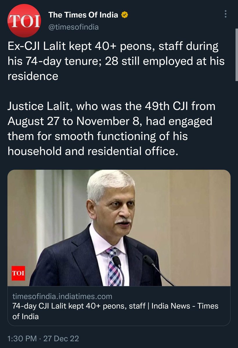 dnfiofkdn's tweet photo. Ex-CJI Lalit kept 40+ peons, staff during his 74-day tenure; 28 still employed at his residence https://t.co/VTU2DbNmOv