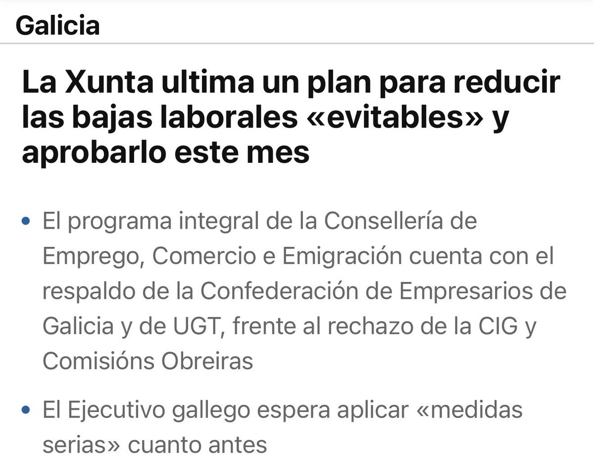 crispmarcote's tweet photo. Pues aquí lo tenéis! 

Lo que avanzaba Feijóo ya se pone en marcha en Galicia. 

En lugar de invertir en Sanidad para no tener que esperar más de un año para consultas como las de neurocirugía, el señor Rueda ha decidido que los trabajadores enfermos sean los culpables de sus enfermedades. 

La Xunta ultima un plan para reducir las bajas laborales y aprobarlo este mes. Ya han comenzado con un plus de productividad para los médicos que den altas a diestro y siniestro.   

Y que van a aprobar "medidas serias" eso sí, para culpar al enfermo. Nunca para invertir en más especialistas, ni para más medios para adelantar las pruebas médicas. 

https://t.co/hay3yoDXnj