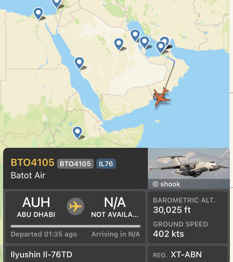 FCB6O's tweet photo. 🟡 طائرة شحن من طراز Ilyushin Il-76TD ( رقم التسجيل: XT-ABN / رقم النداء: BTO4105 )، تابعة لـBATOT AIR 🇧🇫 و تُدار من قبل سلطة أبوظبي 🇦🇪، أقلعت من قاعدة الريف الجوية بأبوظبي 🇦🇪 ، و يرجح هبوطها مساء امس في قاعدة هرر ميدا الجوية 🇪🇹. https://t.co/NLsIXk6auM