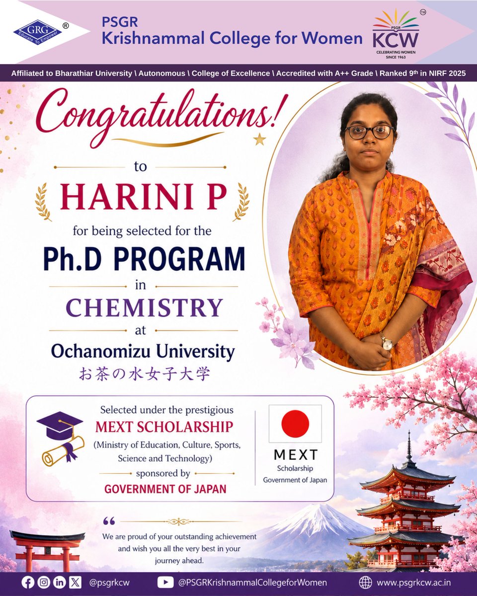 psgrkcw's tweet photo. #EchoesOfKCW From Pattinamkathan to Japan, Harini Pandichezhian (https://t.co/rROUEdgOjn. Chemistry, 2024–26) has earned the prestigious #MEXTScholarship to pursue her PhD at Ochanomizu University. Wishing her continued success in research and innovation! #PSGRKCW #StudyInJapan https://t.co/flaZB0ryGN