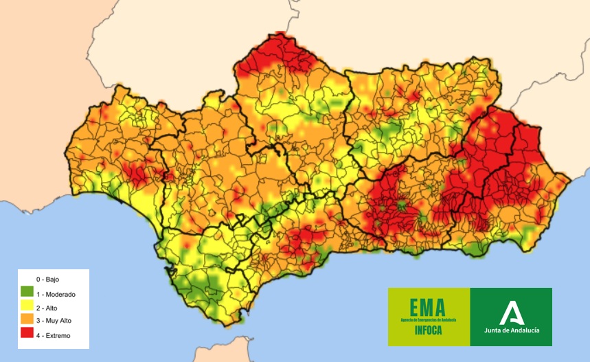 Plan_INFOCA's tweet photo. 🟥 ÍNDICE DE RIESGO DE #IIFF🌡️ Pese al notable descenso de las temperaturas, el peligro no baja.
🗺️ El mapa de riesgo mantiene amplias zonas de #Andalucía con niveles:

🟥 EXTREMO
🟧 MUY ALTO

¡No bajemos la guardia! 🚫🔥 
#BuenosDías https://t.co/TIt0JZurq9