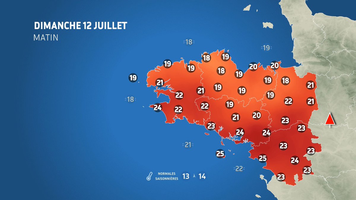 MeteoBretagne's tweet photo. 🥵 Le plus fort de la canicule est attendu ce week-end et lundi en Bretagne.

🌡️ 35 à 40°C, hors littoral nord
🌙 Nuits chaudes sur l'est breton avec parfois 23 à 27°C au lever du jour dimanche et lundi.
La répétition des journées caniculaires et des nuits tropicales est particulièrement préoccupante pour les personnes vulnérables.

⚠️ Hydratation, fraîcheur et vigilance envers les proches fragiles.

#Canicule #Bretagne #Meteo