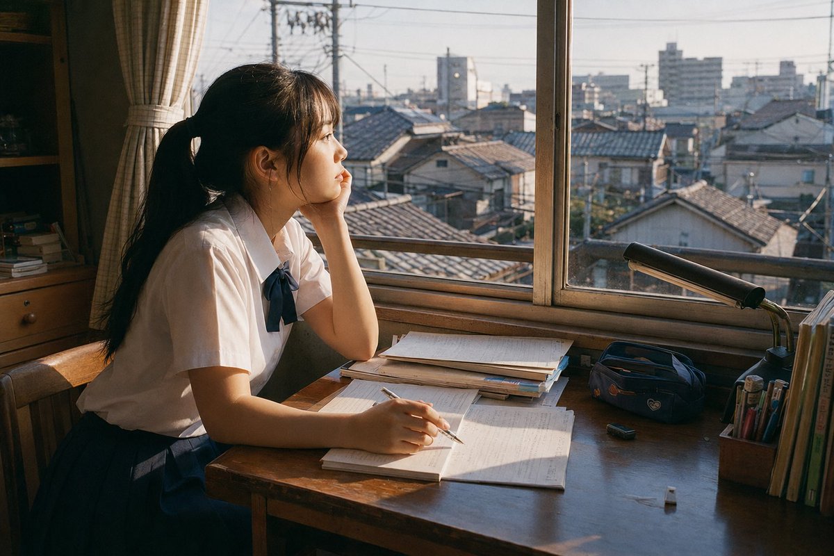 SeifukuL0ve2's tweet photo. Some summer afternoons feel longer than they really are.
The notebook is still open, the pen is still in her hand, but her thoughts have already drifted somewhere beyond the rooftops.
Prompt in comments.
#PromptShare #PromptInComments #プロンプト共有 #AIart #AIPhotography #AIart #AIphotography #AIGenerated #SummerAfternoon #JapaneseAesthetic #青春 #夏日 #放課後 #ノスタルジー #日常感 #CinematicPhotography